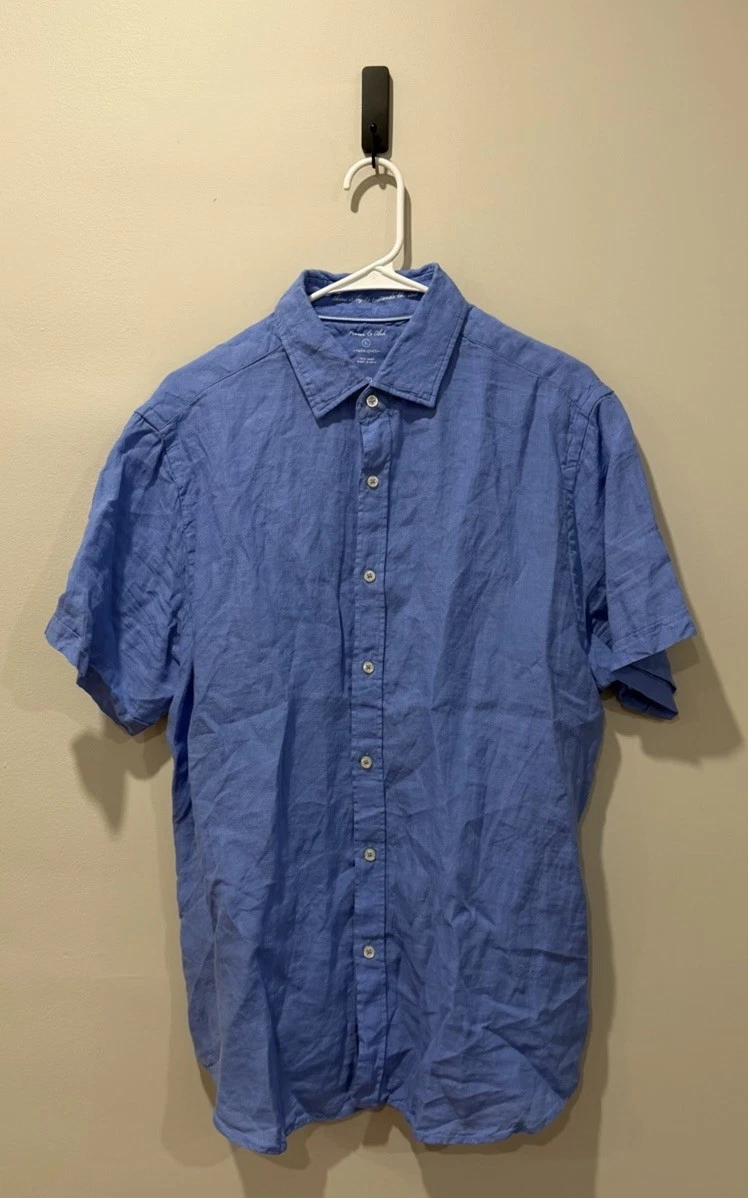 Porter & Ash Mens Button Shirt Size Large Linen Yarn Dyed Blue Short Sleeve