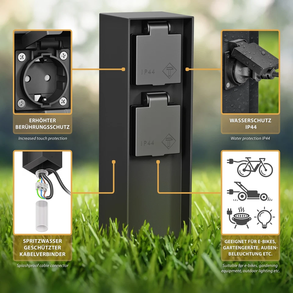 Garten-Steckdosen-Säule POKU mit Erdspieß für außen, IP44, 2-fach, schwarz, - Bild 2 von 4
