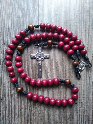 Paracord Catholic Rosary with St Benedict Crucifix, RED color, Handmade