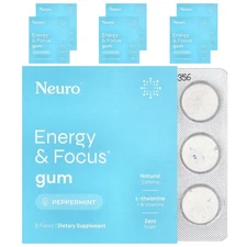 Energy & Focus Gum, Peppermint, 6 Packs, 9 Pieces Each