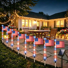 8 Pack Solar American Flag Pathway Lights - Patriotic Red White Blue Outdoor Sta