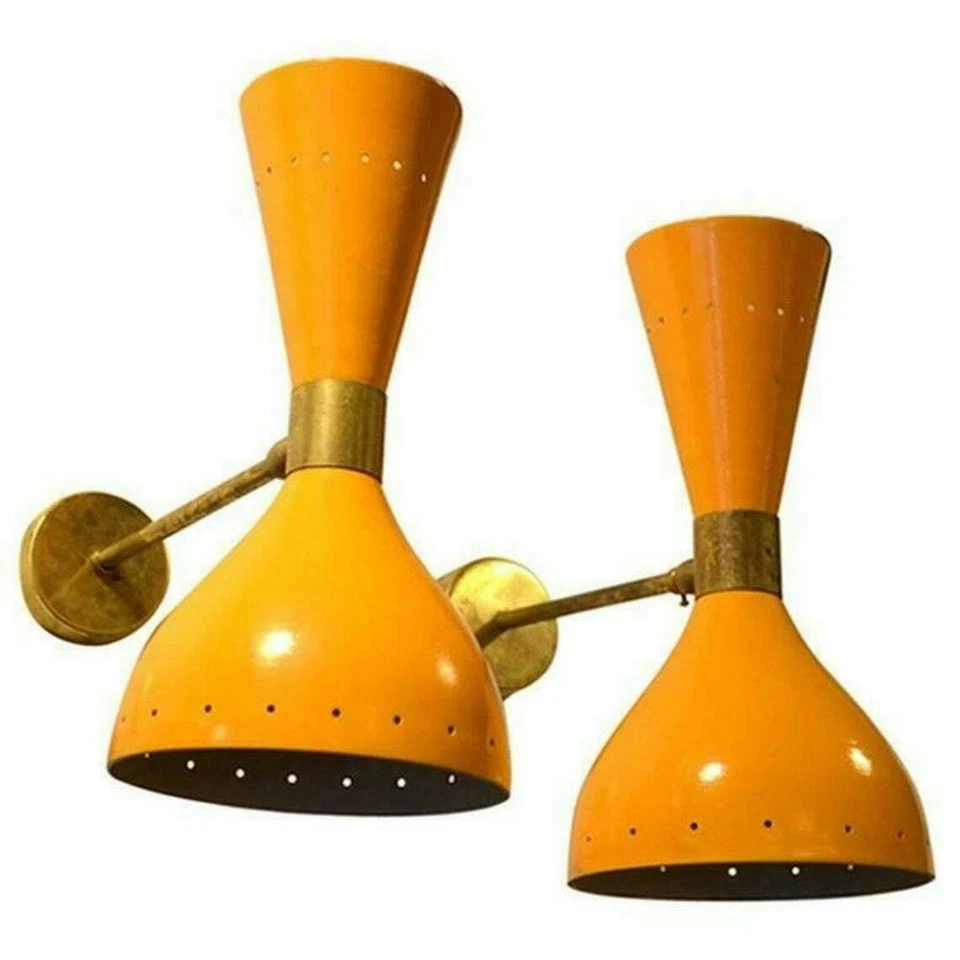 1950's Mid Century Brass Italian Diabolo Wall Sconce Light Fixture 2 Bulb Pair - Image 2 of 2
