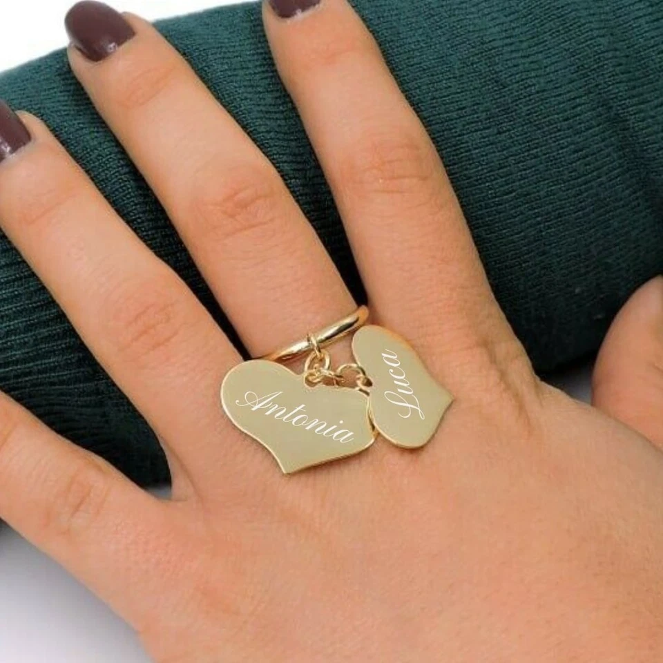 Anello 2 Ciondoli Cuore in Argento 925 Placcato Oro, Incisione Inclusa - Immagine 2 di 4
