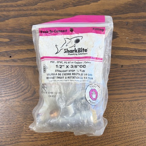 SharkBite Valve Fitting 1/2" x 3/8" OD Straight Stop 1/4 Turn Model 23037LFZC