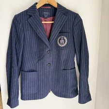 GANT Monogram Logo Wool Blend Blazer Jacket Women Size 6 Preppy Blue Pin Stripes