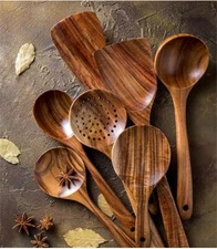 7-piece Teak Tableware Set: Skimming Spoon, Colander, Cooking Spoon & More