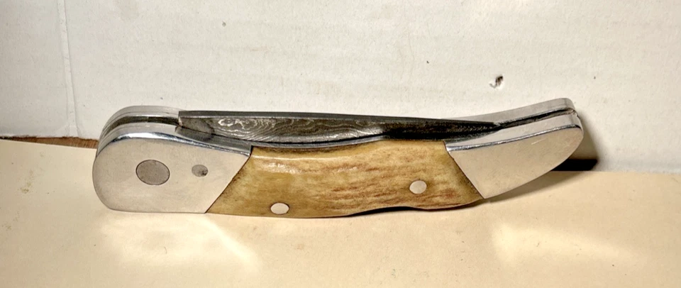 Single Custom Forged Damascus Bladed Lockback Pocket Knife Unbranded Vtg - Image 2 of 4