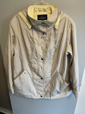 Makintosh New England Women’s Khaki Rain Coat Snap Front Removable Hood Size 1x