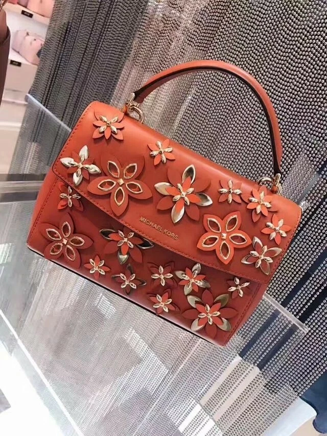 Michael Kors Flowers Ava Small Leather Top Handle Satchel Orange Floral Bag  NWT