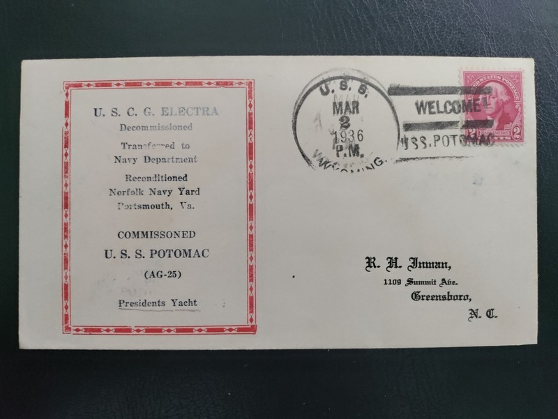 1936 VERY(!) Rare Postage Envelope From USS Potomac-AG25(Presidents Yacht) to NC