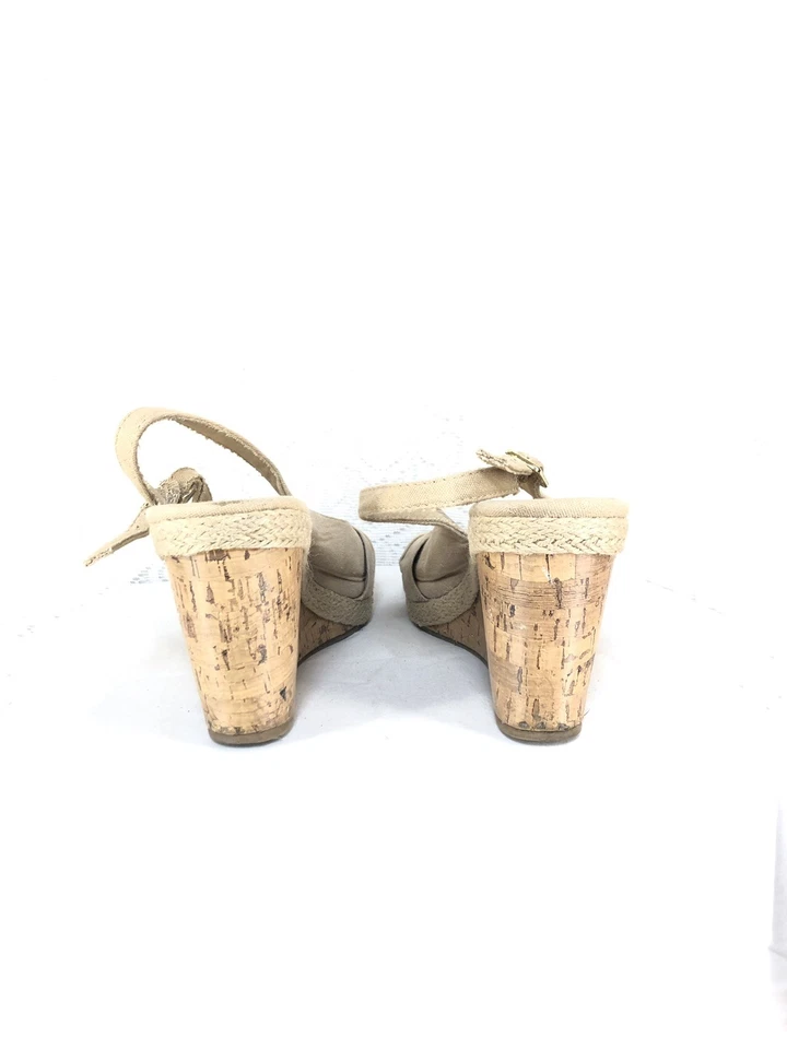 B11 Seychelles Woman Size 9M COLADA Tan Canvas Peep Toe Slingback 4'' Cork Wedge - Image 3 of 4