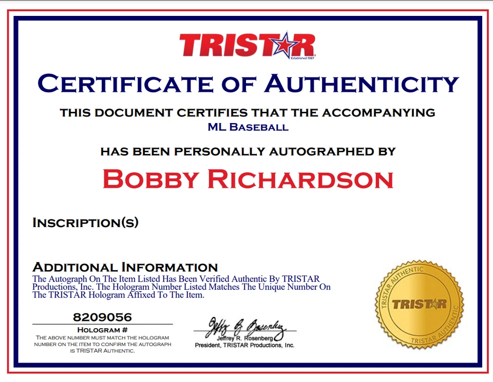 Bobby Richardson Single Signed Tristar OML Autograph Baseball Auto - Image 4 of 4