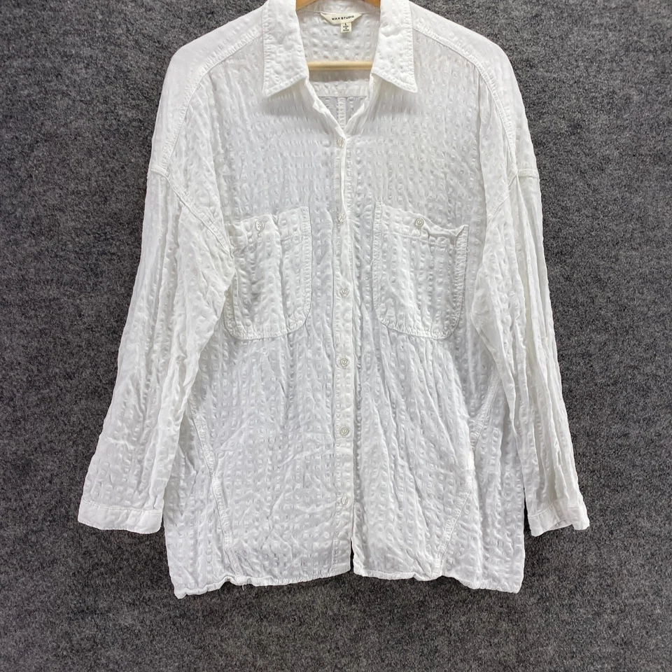 Camisa Max Studio Mujer L Grande Blanca Cuello Abotonado Manga Larga Algodón Foto 4 de 4