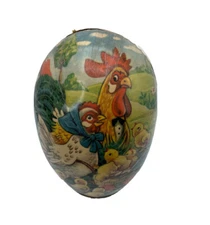 Vtg 7" German Paper Mache Egg Anthropomorphic Chicken Family Rooster Hen Chicks