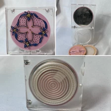 Rex Fifth Avenue Lucite Compact Painted Floral Lace Mirrored Powder Box W/ Puff
