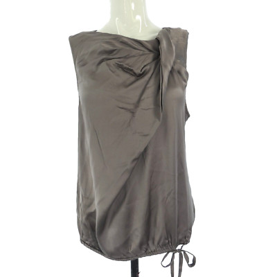 Theory Seiden Top Bluse Grau Metallic Satin Ärmellos Tunnelzug Taille Drapiert L
