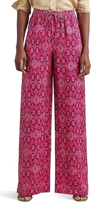 Ralph Lau­ren Lau­ren Fuchsia Geo Print Satin Shan­tung Wide Leg Pant Size XS