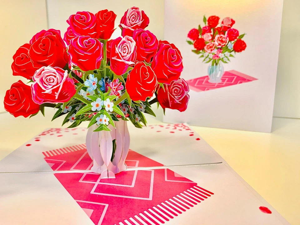 Red & Pink Roses in Vase Birthday 3D Pop Up Greeting Card Origami Pop Cards Love - Image 3 of 4