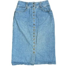Vintage High Waisted Button Front Denim Midi Skirt 10 Light Wash Blue 80s 90s