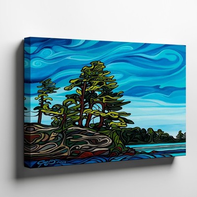 Abstract landscape canvas art with swirling blue sky and green pine trees print