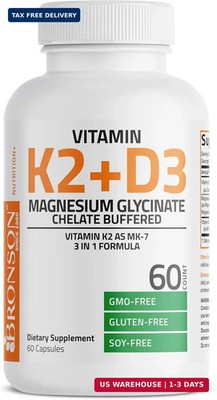 Bronson Vitamin K2+D3 Magnesium Glycinate Supplement, 60 Capsules | 3-in-1 Bone