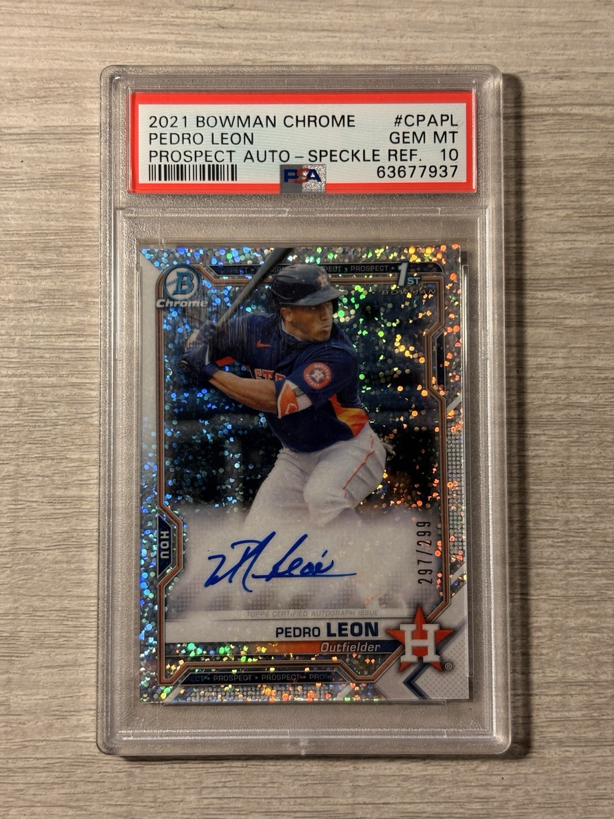 Bowman Chrome 2021 Pedro Leon Speckle /299 Auto PSA 10 #CPA-PL