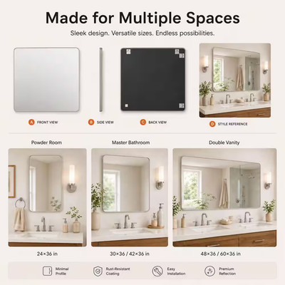 24 In. W X 36 In. H Rectangular Framed Wall Bathroom Vanity Mirror in Brushed...