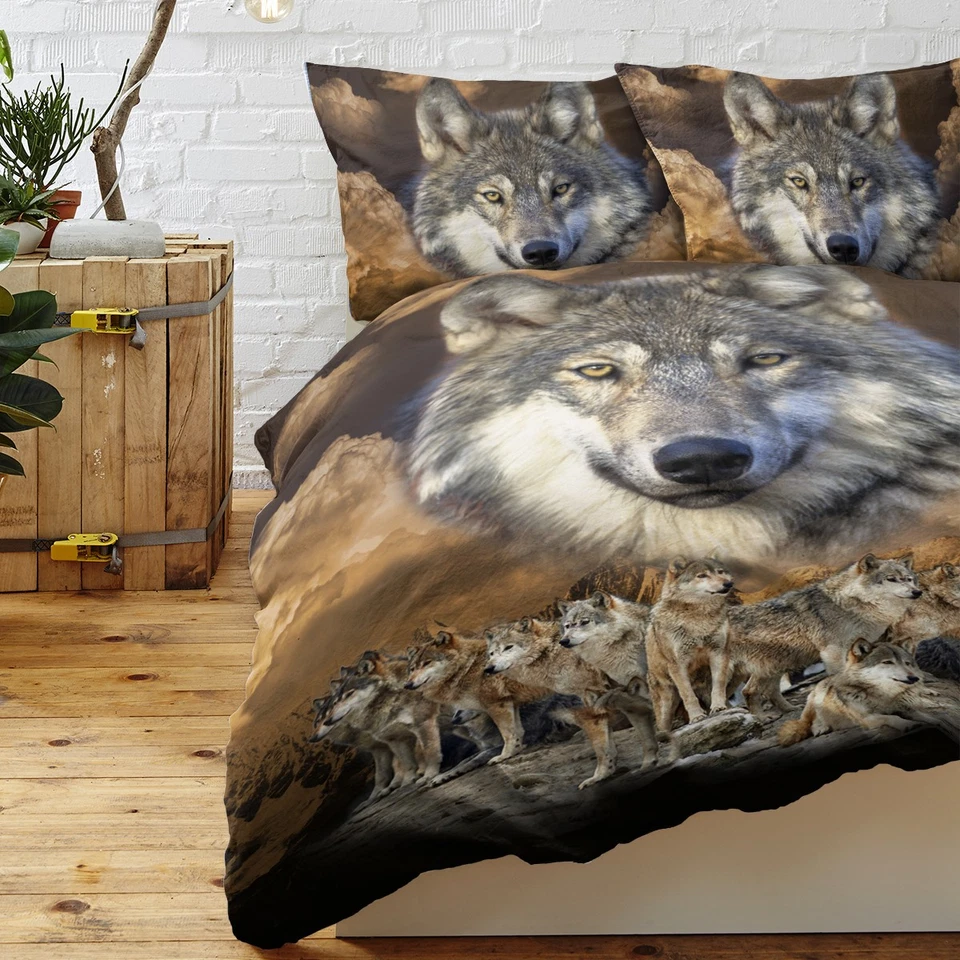 3PCS Queen King Size Duvet Cover Set Indian Native Theme Wolf Soft Bedding Set - Image 3 of 4