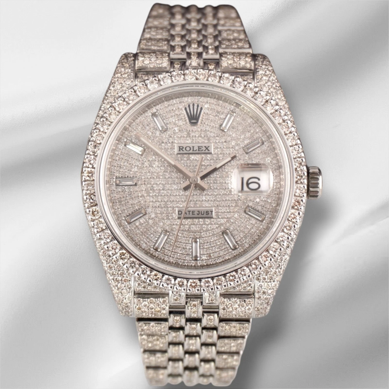 Rolex — Rolex Datejust 41mm Mens Jubilee Watch IcedOut 15ct Diamond Baguette Dial 126300