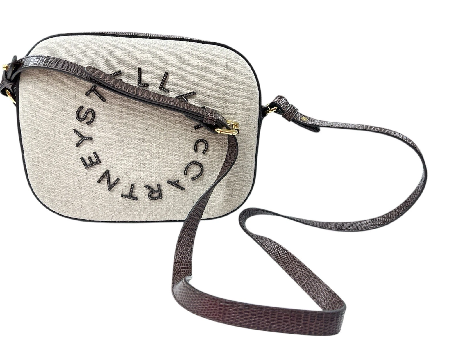 Stella McCartney — Stella McCartney Eco Canvas Perforated Logo Mini Camera Bag Beige/ Brown