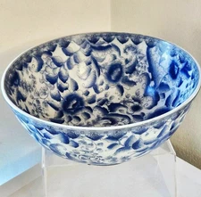 Large Vintage Chinese Ceramic Blue & White Round Floral Bowl 10” For Decor - Exc