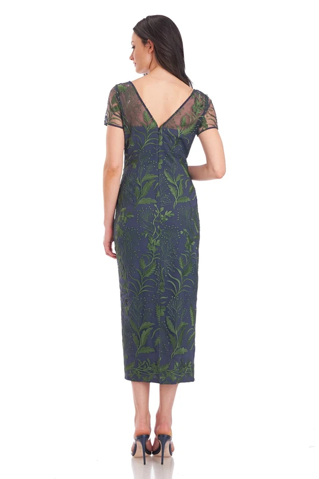 JS COLLECTIONS Floral Embroidered Sheer Illusion Yoke Midi Tea Length Dress 10 M - Image 2 of 4