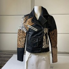 Desigual Animal Print Leather Biker Jacket Women's Size Us Xs Black