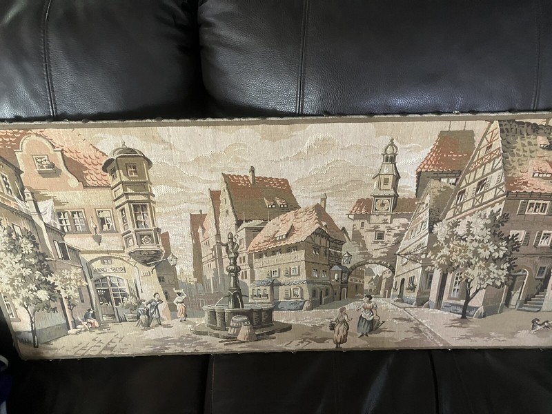 Vintage  French Village Tapestry On Wood Base 
