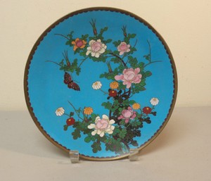 BEAUTIFUL 19th C. CHINESE CLOISONNE on BRONZE 9.5" CABINET PLATE / CHARGER