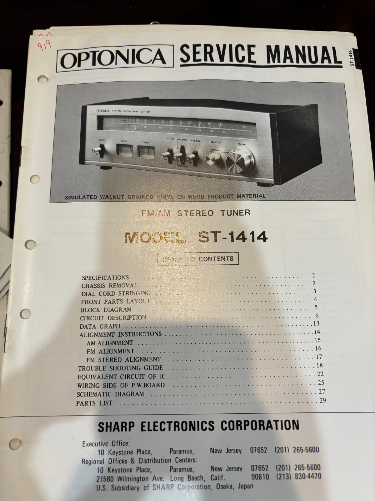ORIG. SHARP OPTONICA ST-1414 ST1414 TUNER Repair & Service Manual *ORIGINAL**