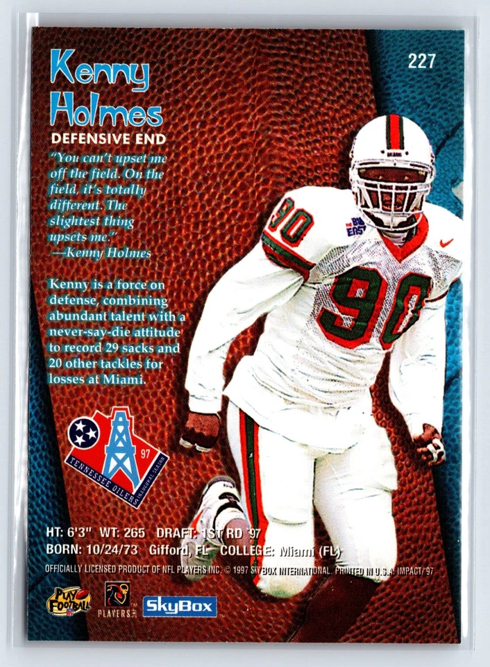 1997 SkyBox Impact Kenny Holmes  #227  Tennessee Oilers Rookie - Image 2 of 2