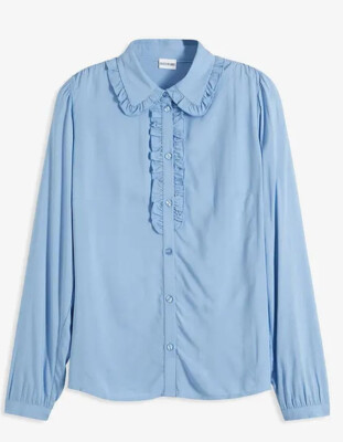 Damen Bluse blau Rüsche vorne 100% Viskose weich fallend Größe 38 - 52 neu 04503