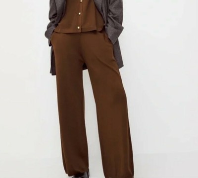 Zara Brown Wide Leg Stretch Knit Pants 