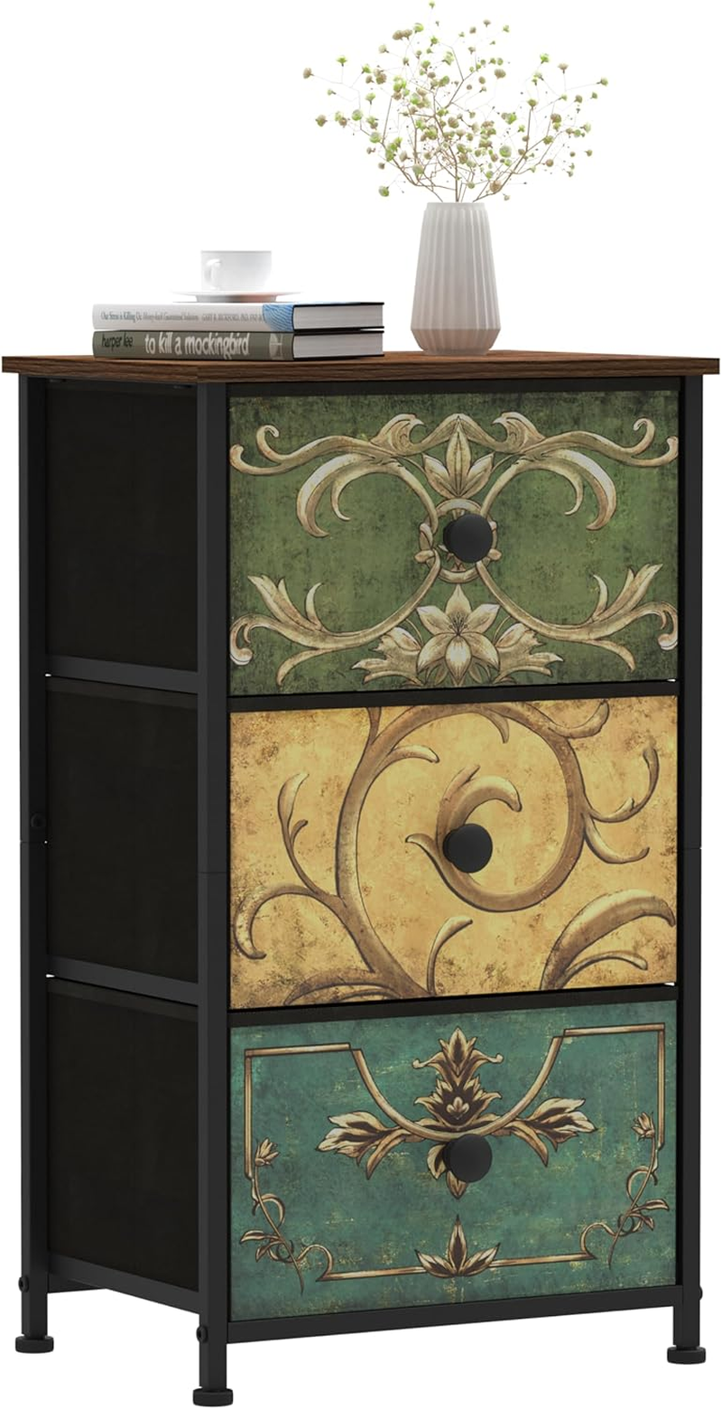 Retro Floral Slim Dresser for Bedroom with Narrow Drawers
