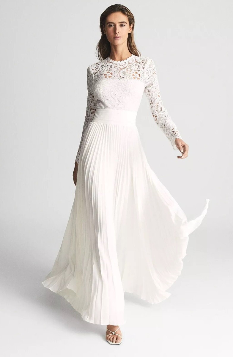 REISS HAZEL LACE TOP PLEATED MAXI DRESS in White UK Size 12