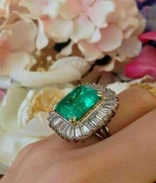 Ballerina Ring 3.5CT Colombian Emerald & Diamond Cocktail Ring 14K White Gold FN - Image 3 of 4