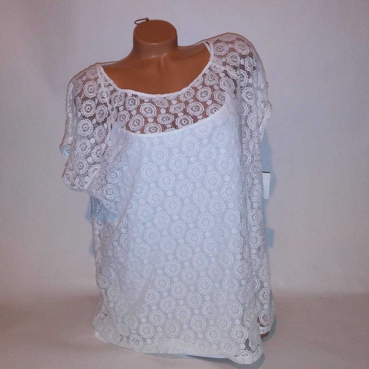 Liz Claiborne Blouse Womens 2X White Crochet Lace Short Sleeve