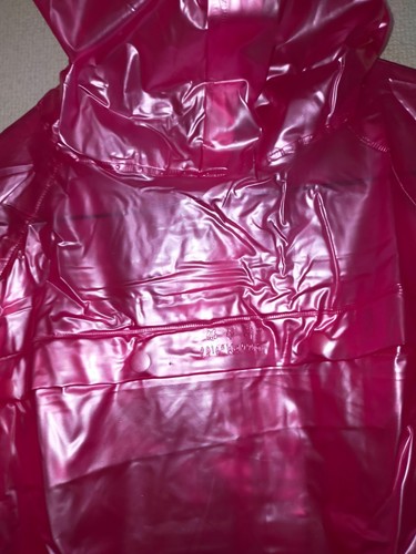 pearl shiny pink color longcoat PVC vinyl rainwear hooded jacket air valve - Picture 18 of 22