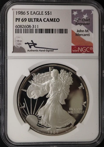 1986-S Proof American Silver Eagle PF69 ULTRA CAMEO - John Mercanti Signed