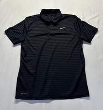 Nike Dri Fit Polo Shirt Mens Medium Black Gray Striped Swoosh Logo Golf Tennis