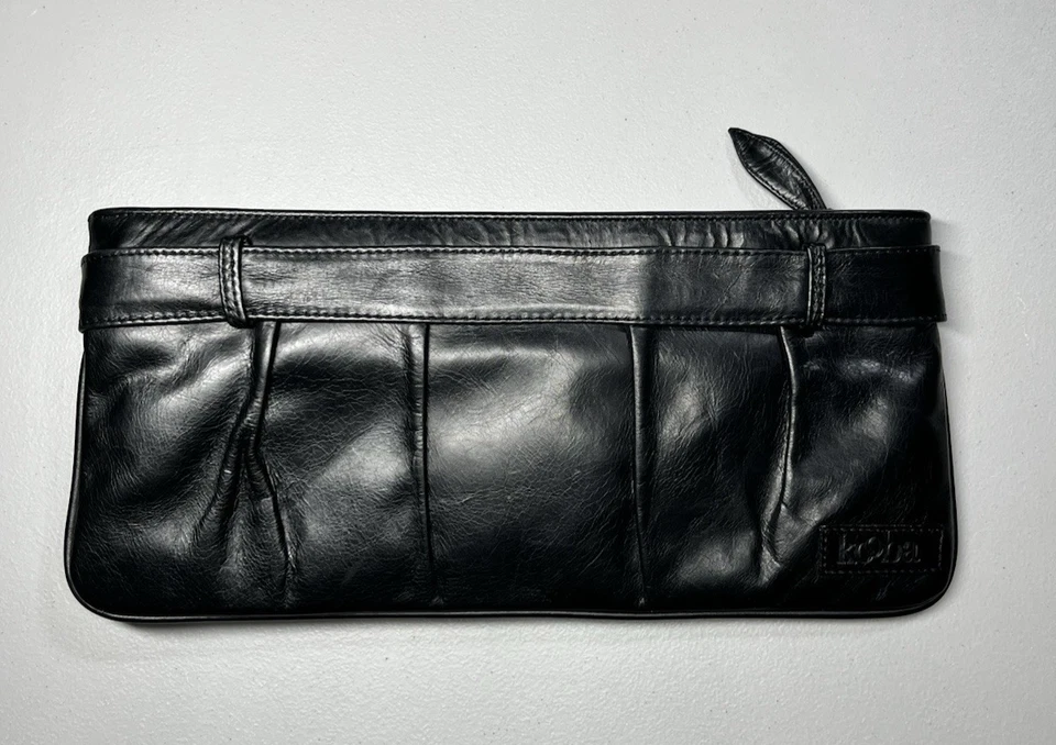 Kooba Black Leather Clutch Womens Evening Purse Handbag Zip Top Pleated with Bow - Image 2 of 4