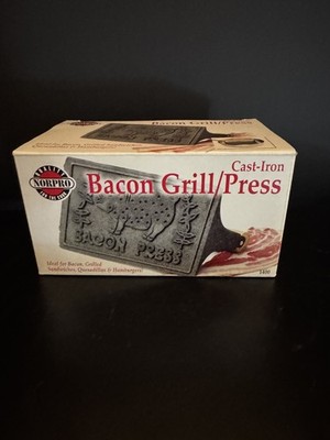Norpro Cast Iron Bacon Grill Press Model #1400 Wood Handle Original Box