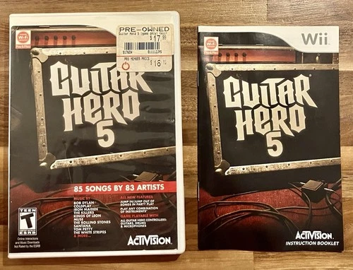 GUITAR HERO 5 WII NINTENDO WII GAME DISC, MANUAL AND CASE WORKS GREAT