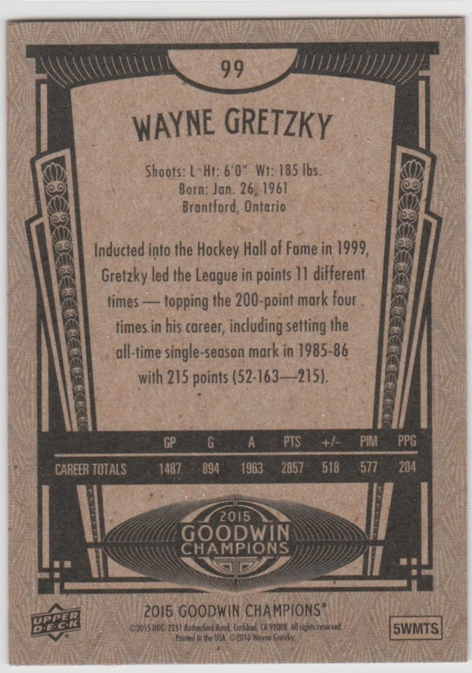 2015 Upper Deck Goodwin Champions #99 Wayne Gretzky - Image 2 of 2